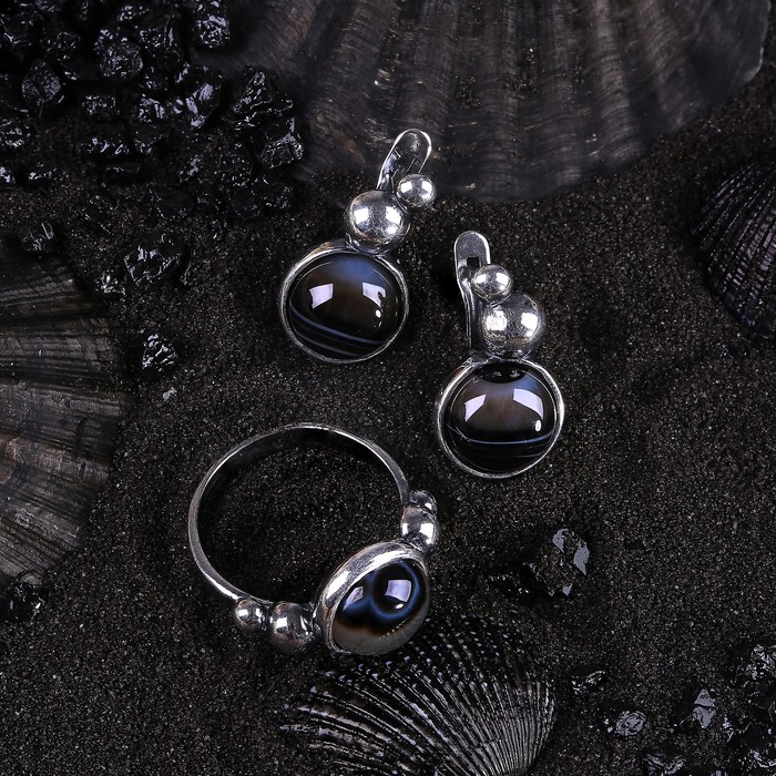 Гарнитур посеребрение 2 предмета: серьги, кольцо, роса "Агат черный", 18 размер