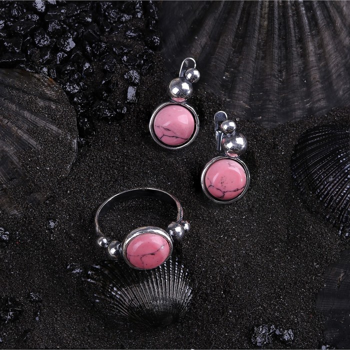 Гарнитур посеребрение 2 предмета: серьги, кольцо, роса "Коралл", 17,5 размер