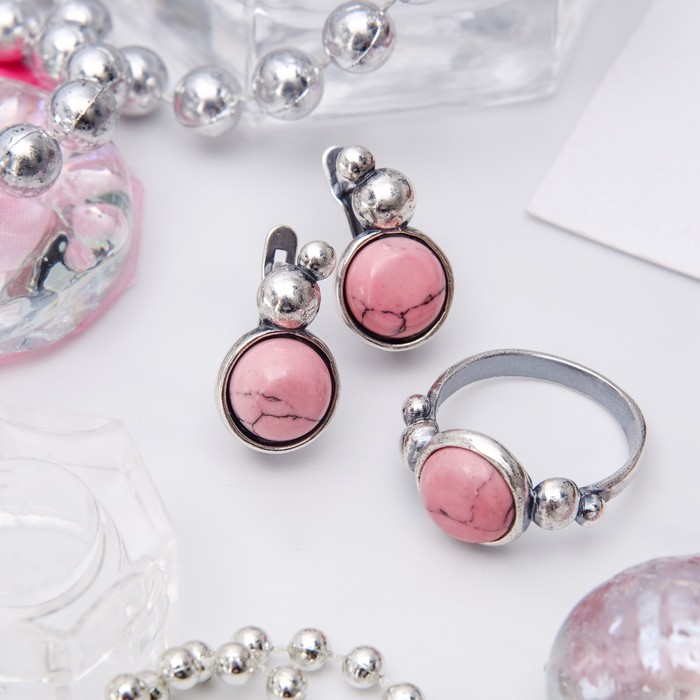 Гарнитур посеребрение 2 предмета: серьги, кольцо, роса "Коралл", 18 размер