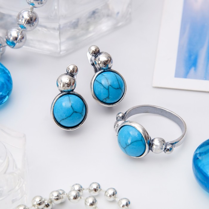Гарнитур посеребрение 2 предмета: серьги, кольцо, роса "Бирюза", 18 размер