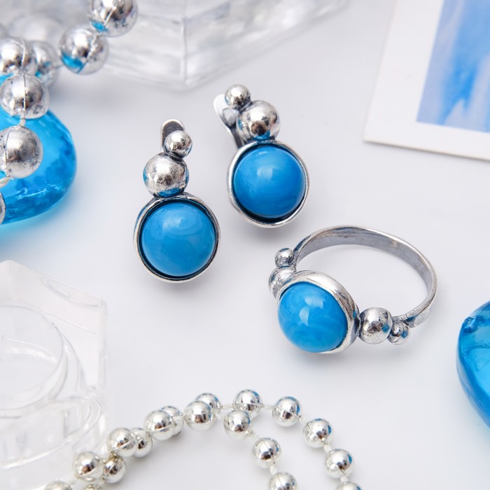 Гарнитур посеребрение 2 предмета: серьги, кольцо, роса "Агат голубой", 18 размер