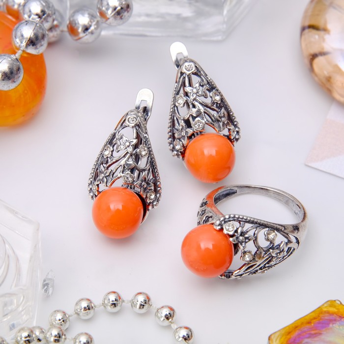 Гарнитур посеребрение 2 предмета: серьги, кольцо, бутон "Коралл розовый", 17 размер
