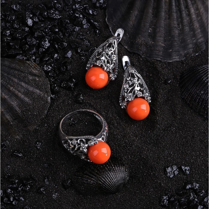 Гарнитур посеребрение 2 предмета: серьги, кольцо, бутон "Коралл розовый", 18 размер