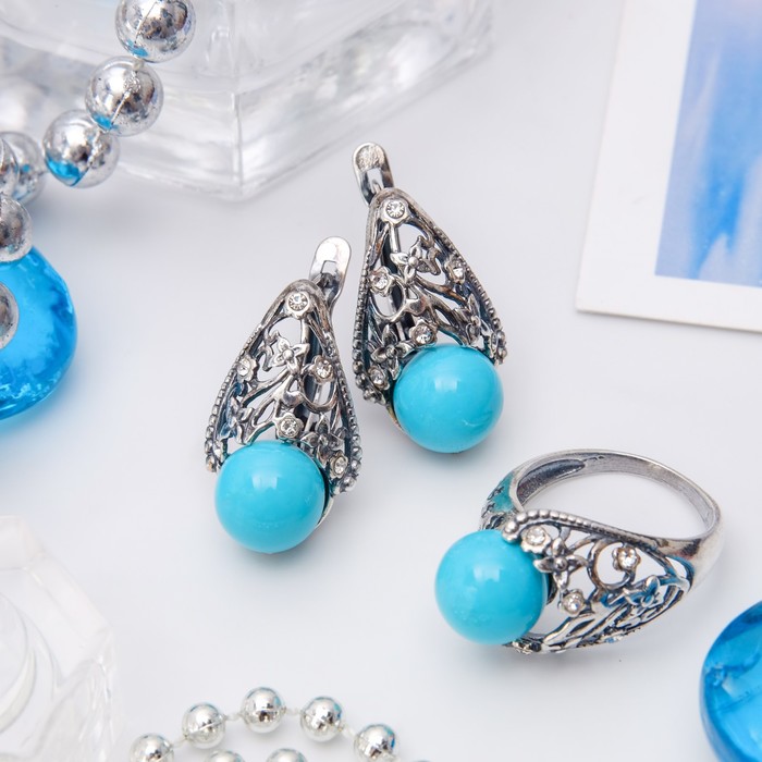 Гарнитур посеребрение 2 предмета: серьги, кольцо, бутон "Агат голубой", 17 размер