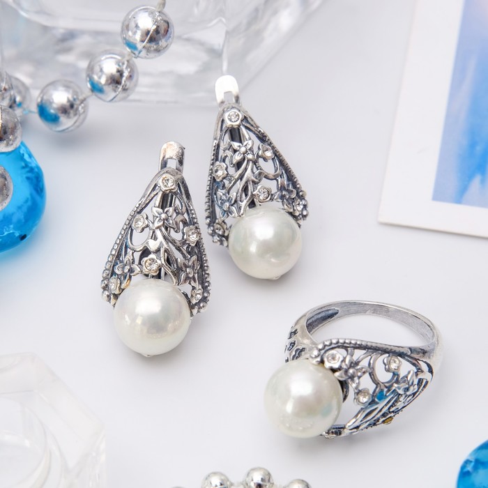 Гарнитур посеребрение 2 предмета: серьги, кольцо, бутон "Жемчуг", 17 размер