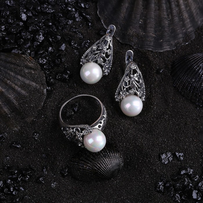 Гарнитур посеребрение 2 предмета: серьги, кольцо, бутон "Жемчуг", 17,5 размер