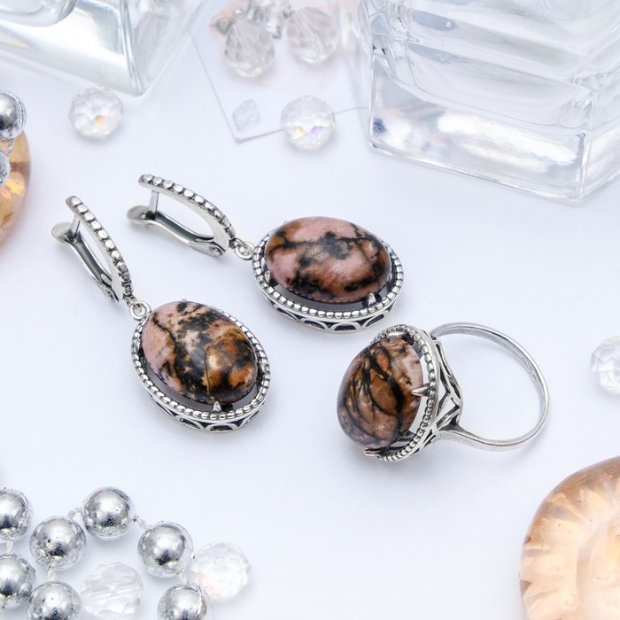 Гарнитур посеребрение 2 предмета: серьги, кольцо, орнамент "Тигровый глаз", 18 размер