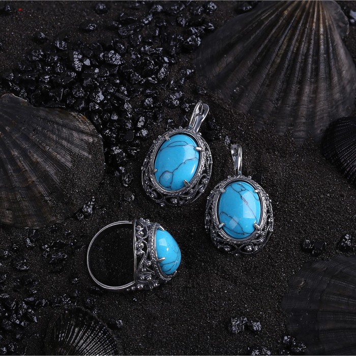 Гарнитур посеребрение 2 предмета: серьги, кольцо, орнамент "Бирюза", 19 размер