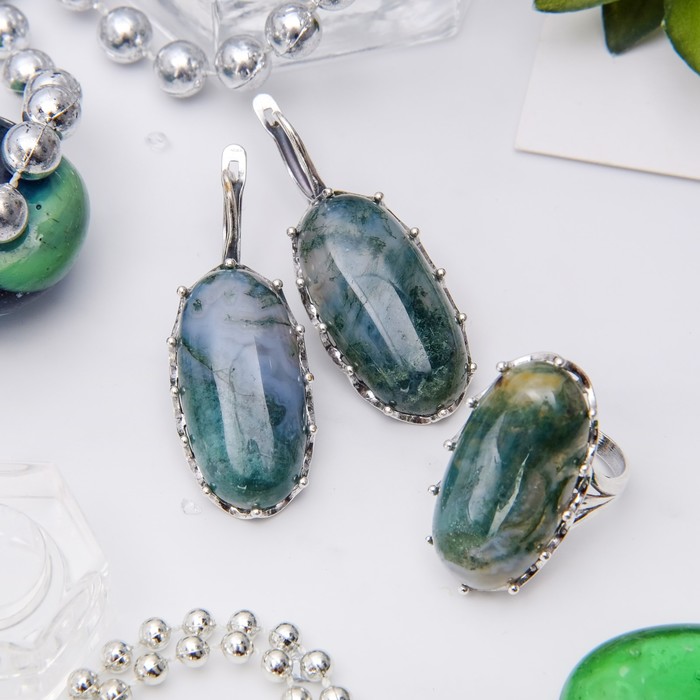 Гарнитур посеребрение 2 предмета: серьги, кольцо, корона "Агат моховой", 17,5 размер