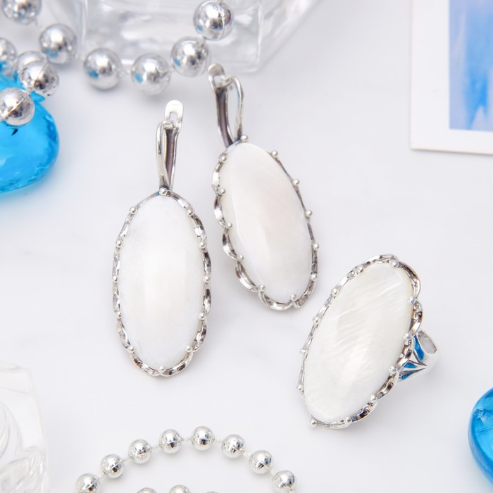 Гарнитур посеребрение 2 предмета: серьги, кольцо, корона "Перламутр", 17,5 размер