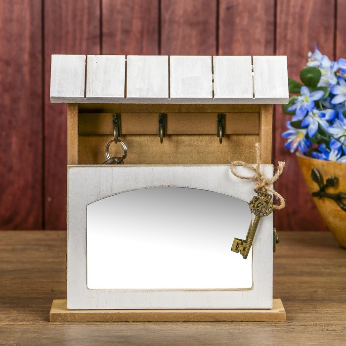 Ключница дерево 6 крючков с зеркалом "Серебряный ключ" 25х21,5х6 см