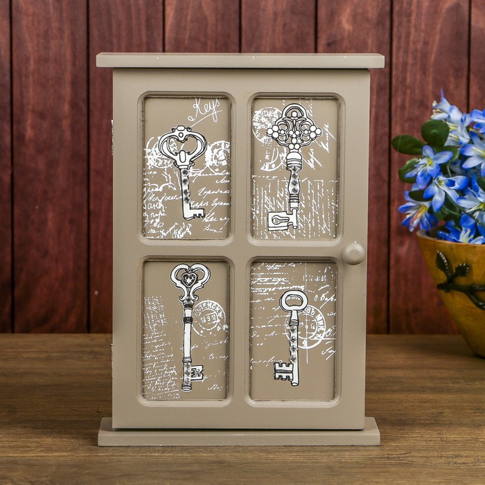Ключница дерево 6 крючков "Нарисованные ключи" серая 28х20х6 см