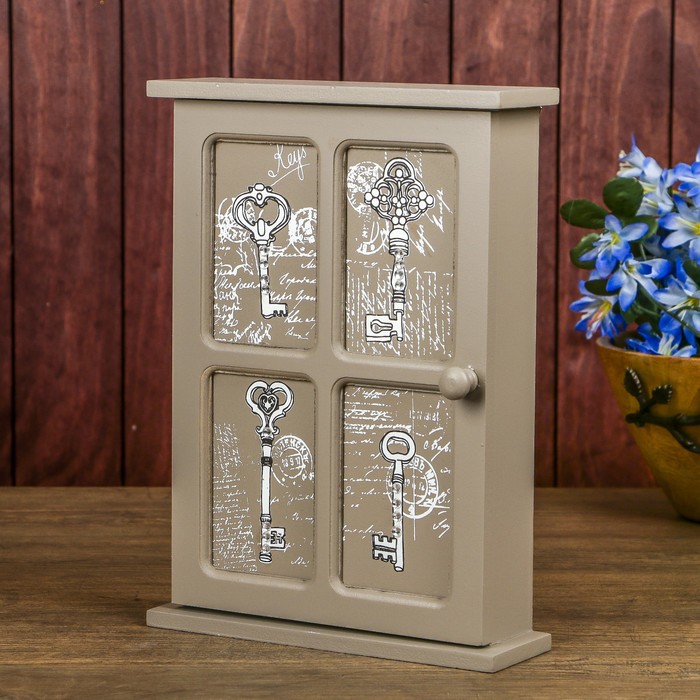 Ключница дерево 6 крючков "Нарисованные ключи" серая 28х20х6 см