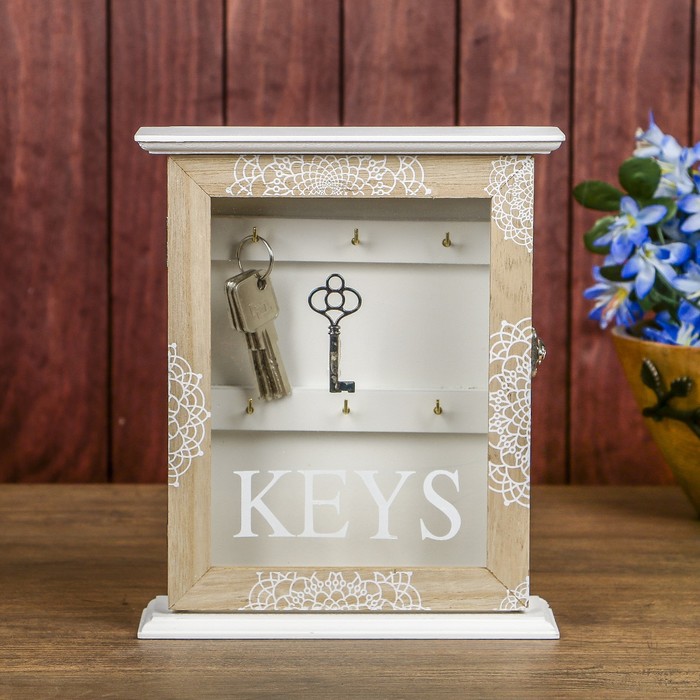 Ключница дерево 6 крючков со стеклом "Серебряный ключ" 24х20х5,7 см