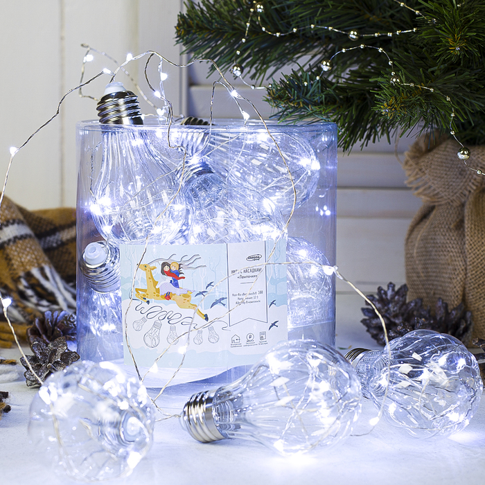 НИТЬ "Лампочки объемные" 10 шт, 100 LED-12V, адаптер в комплекте, БЕЛЫЙ