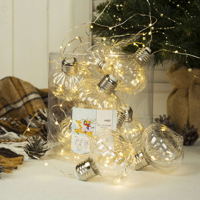 НИТЬ "Фонарики" 10 шт, 100 LED-12V, адаптер в комплекте, ТЕПЛЫЙ БЕЛЫЙ