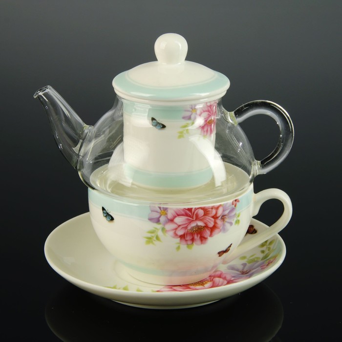 Чайник заварочный 300 мл "Патио. Голубой", с керамическим ситом, чашкой 200 мл и блюдцем УЦЕНКА