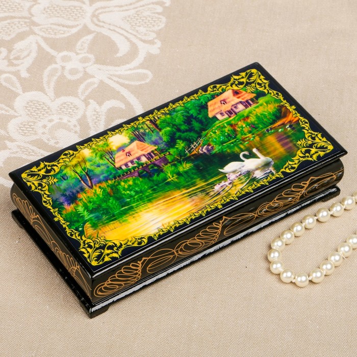 Шкатулка-купюрница «Лебеди. Вид 3», лаковая миниатюра, 9х17 см