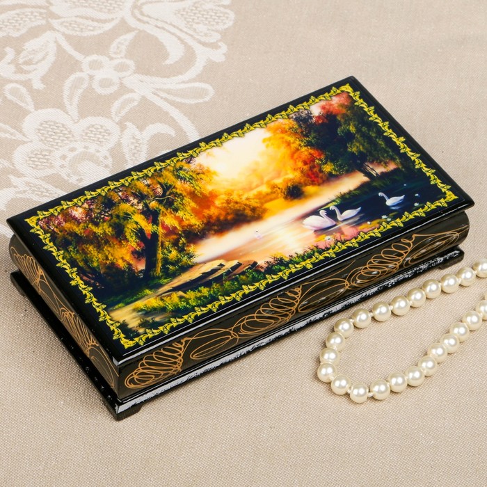 Шкатулка-купюрница «Лебеди. Вид 5», лаковая миниатюра, 9х17 см