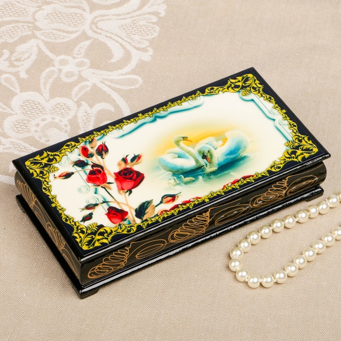 Шкатулка-купюрница «Лебеди. Вид 10», лаковая миниатюра, 9х17 см