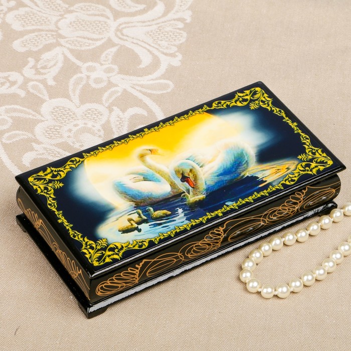 Шкатулка-купюрница «Лебеди. Вид 12», лаковая миниатюра, 9х17 см