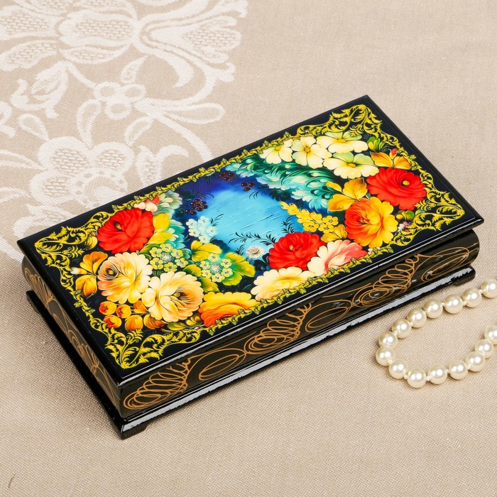 Шкатулка-купюрница «цветы. Вид 15», лаковая миниатюра, 9х17 см