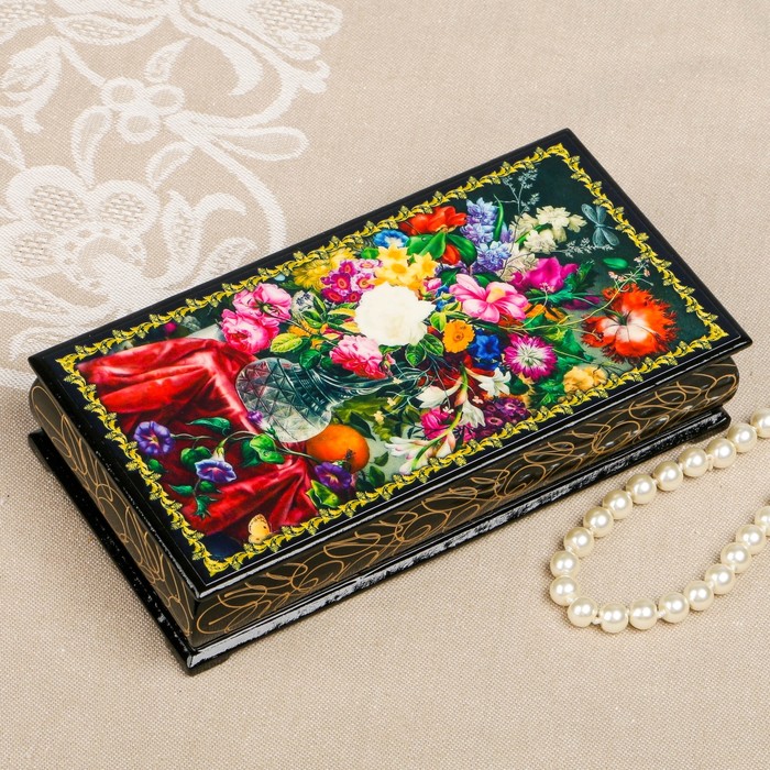 Шкатулка-купюрница «цветы. Вид 19», лаковая миниатюра, 9х17 см