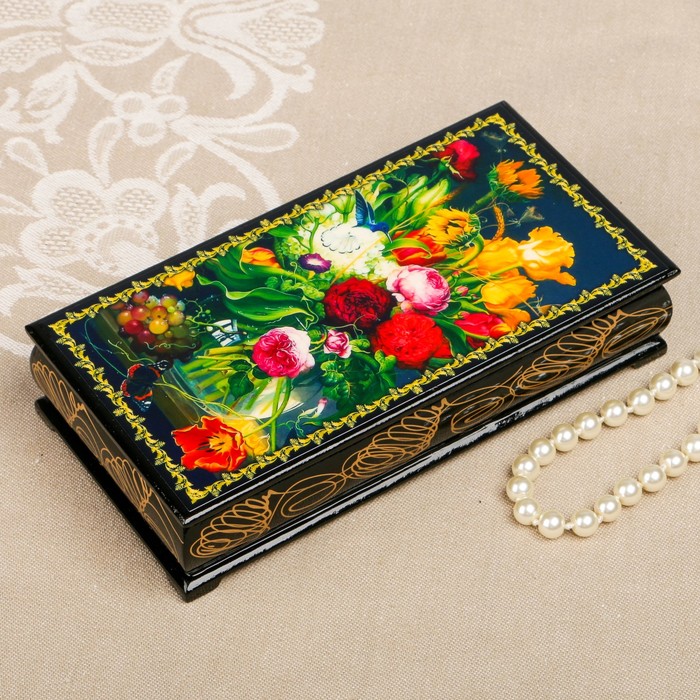 Шкатулка-купюрница «цветы. Вид 80», лаковая миниатюра, 9х17 см