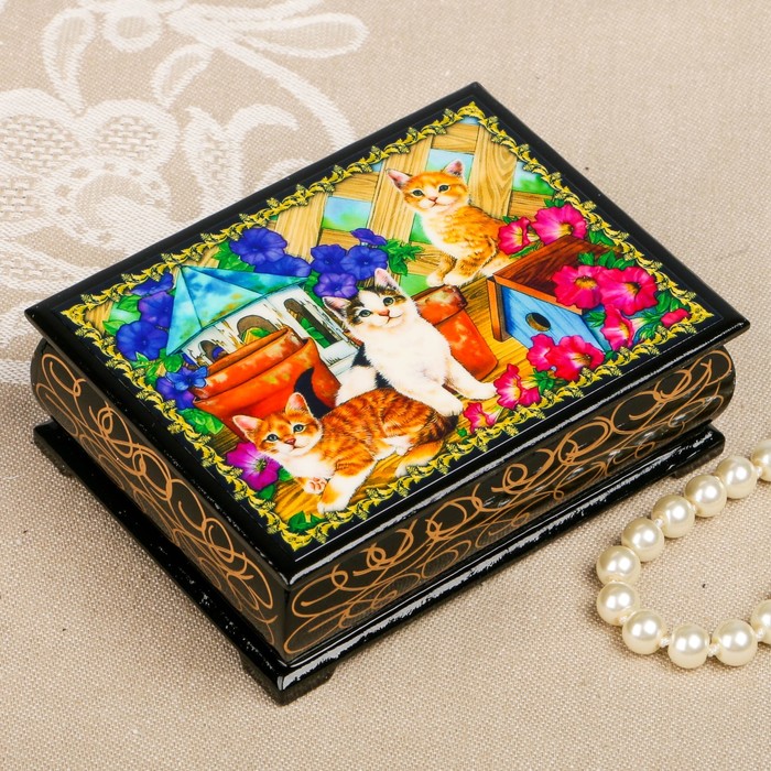 Шкатулка «Кошки», лаковая миниатюра, 8х10,5 см