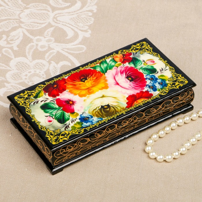 Шкатулка-купюрница «цветы. Вид 1», лаковая миниатюра, 9х17 см