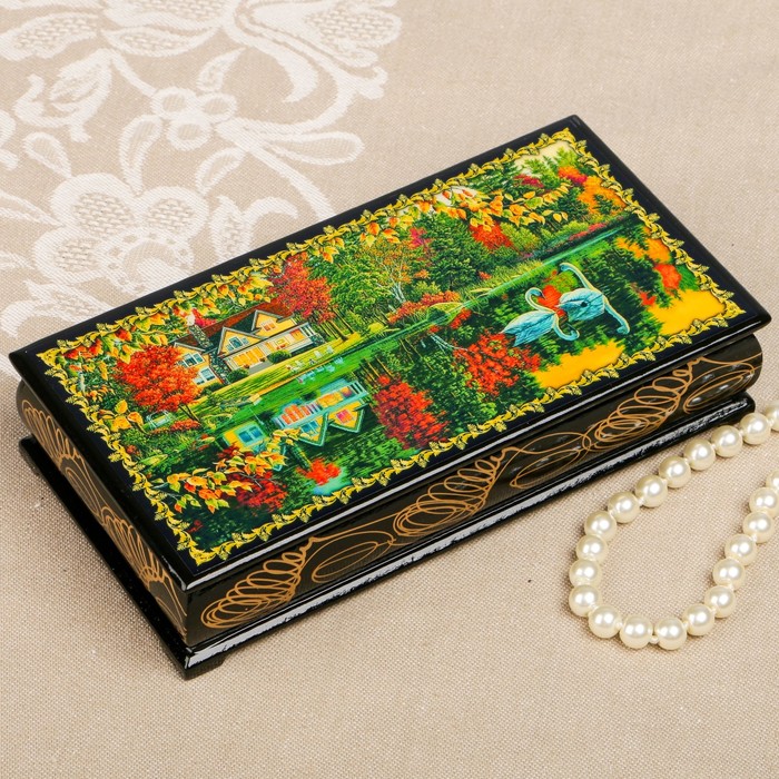 Шкатулка-купюрница «Лебеди. Вид 16», лаковая миниатюра, 9х17 см