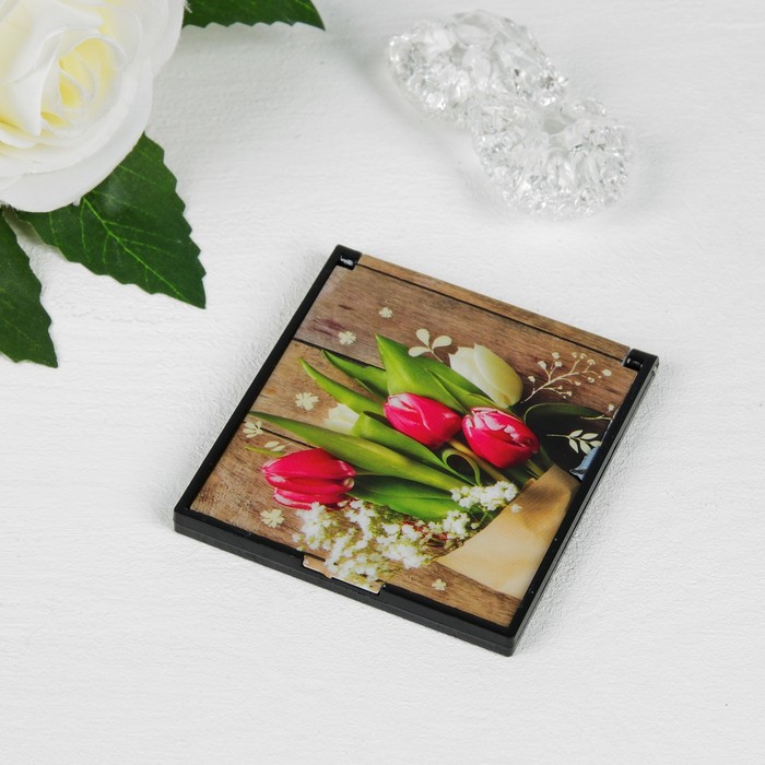 Зеркало складное "Тюльпаны", квадратное, одностороннее, без увеличения