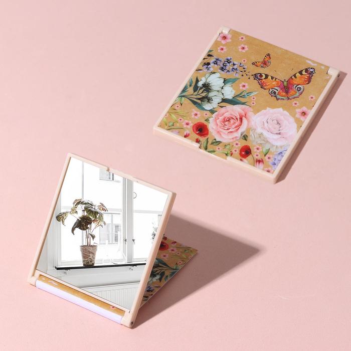 Зеркало складное "Бабочки", квадратное, одностороннее, без увеличения