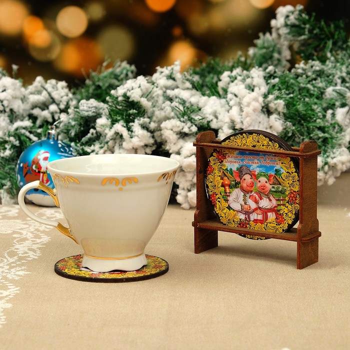 Набор подставок под горячее «Свинки», хохлома, 4 шт, D=9 см