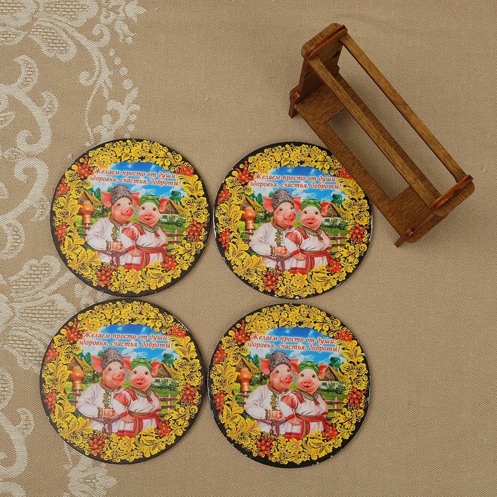 Набор подставок под горячее «Свинки», хохлома, 4 шт, D=9 см