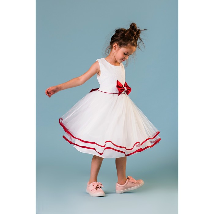 Платье нарядное для девочки "Бордовый бант", рост 116-122 см, цвет белый/бордовый