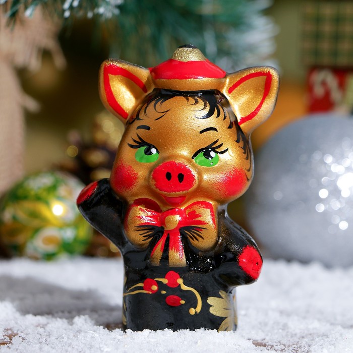 Сувенир "Поросёнок Феофан", фарфор, 10 см, хохлома