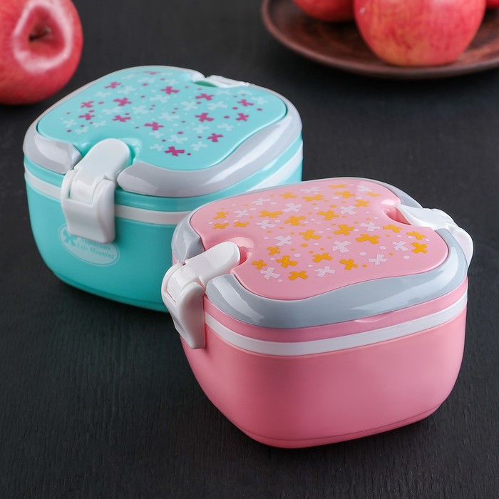 Ланч-бокс 2 уровня "Бантики" квадратный 17х14х9,5 см с ложкой, цвета МИКС