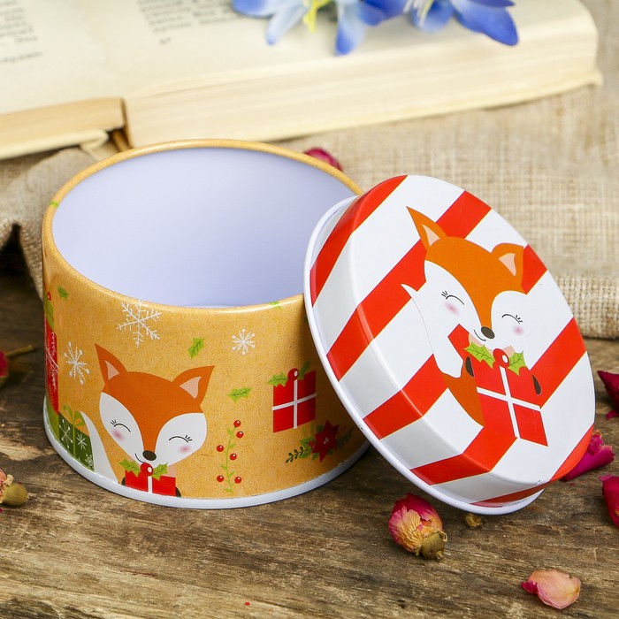 Шкатулка металл круглая "Лисёнок с подарками" 4,5х7,5х7,5 см