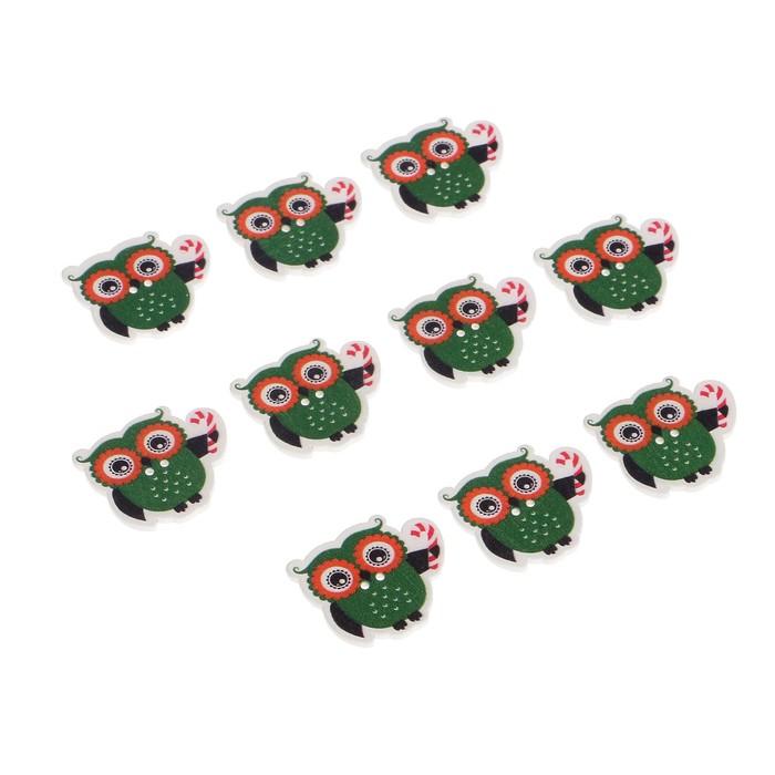 Набор пуговиц декоративных дерево "Совёнок с новогодним шариком" набор 10 шт 3,2х2,9 см