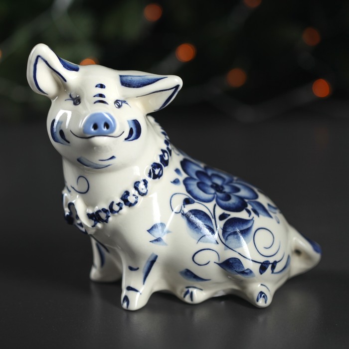 Копилка "Свинка  Ушастик " глазурь белая гжель