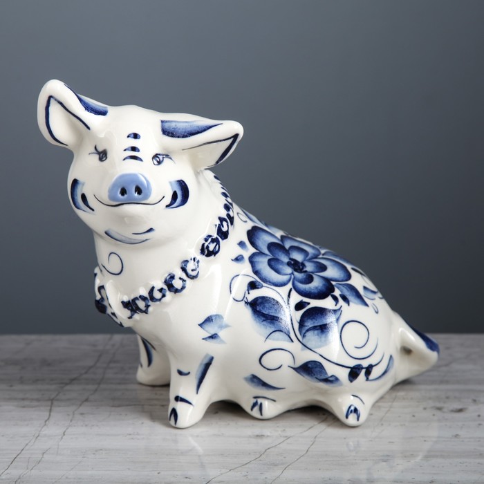 Копилка "Свинка Ушастик " глазурь белая гжель