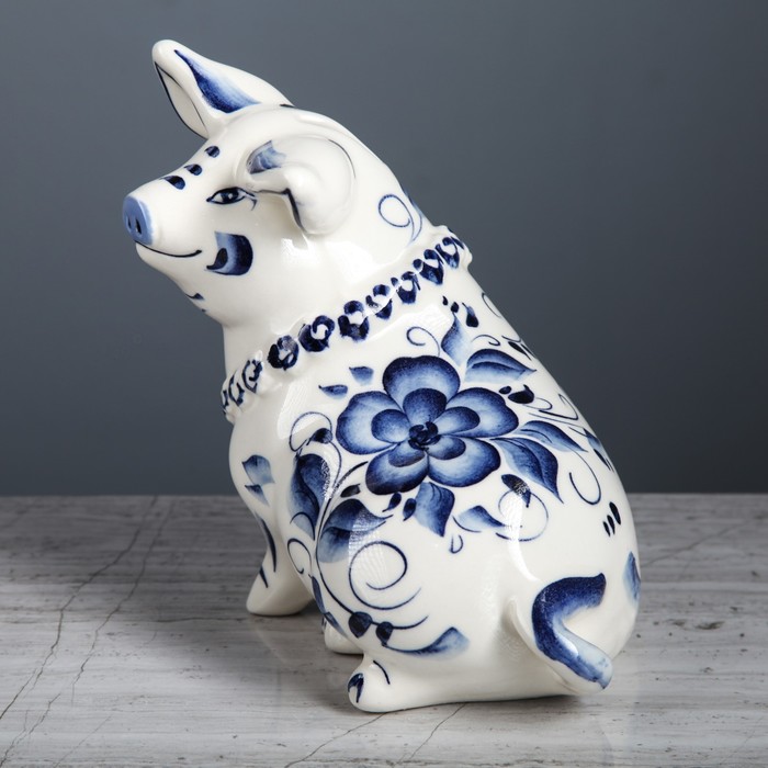 Копилка "Свинка Ушастик " глазурь белая гжель