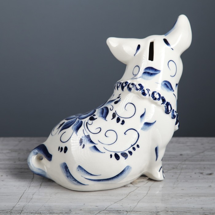 Копилка "Свинка Ушастик " глазурь белая гжель