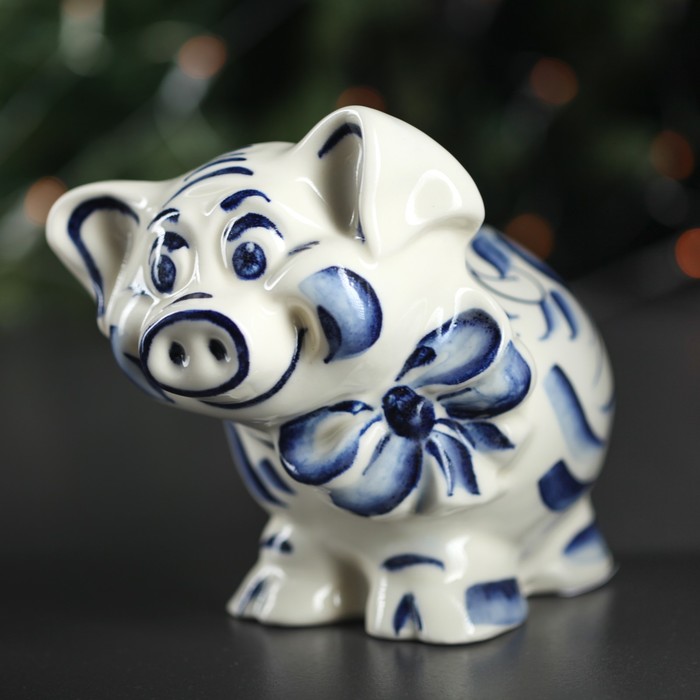 Копилка "Свинка с Бантом" глазурь белая гжель