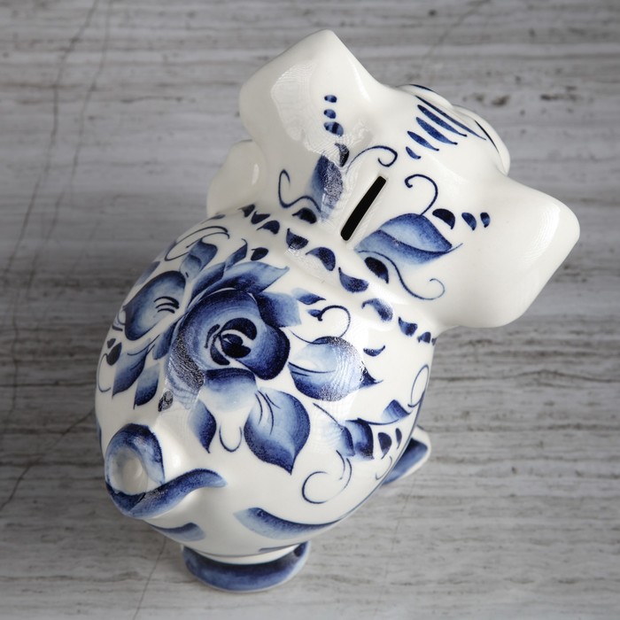 Копилка "Свинка с Бантом" глазурь белая гжель