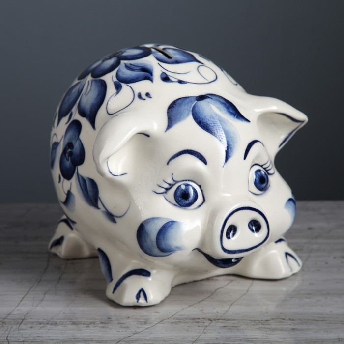 Копилка "Свинка Тоша" глазурь белая гжель