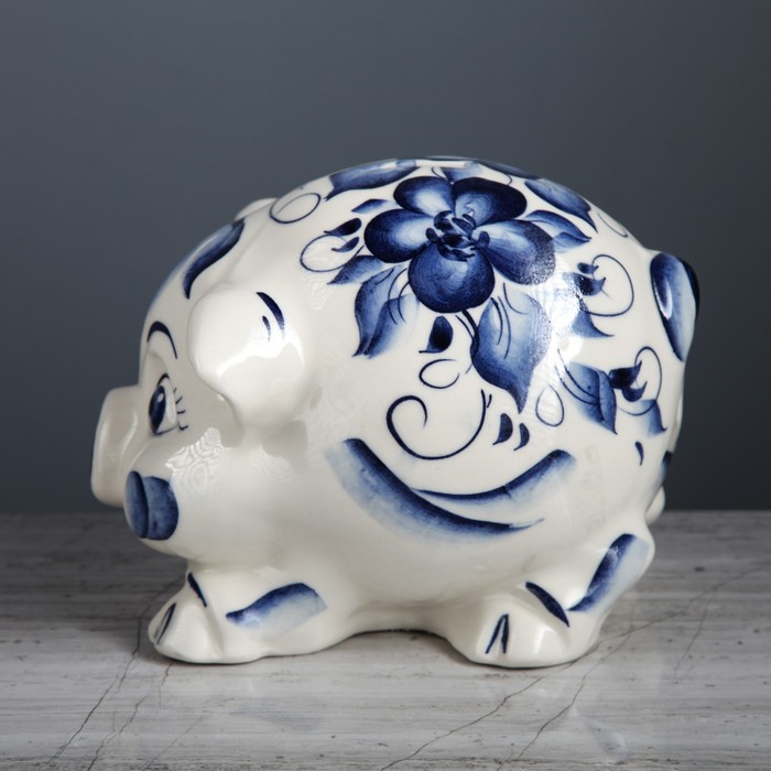 Копилка "Свинка Тоша" глазурь белая гжель