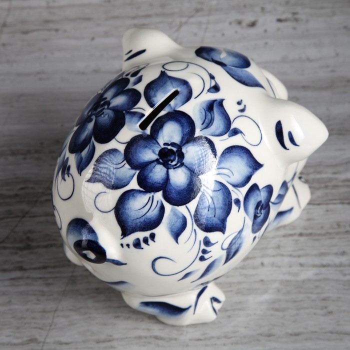 Копилка "Свинка Тоша" глазурь белая гжель