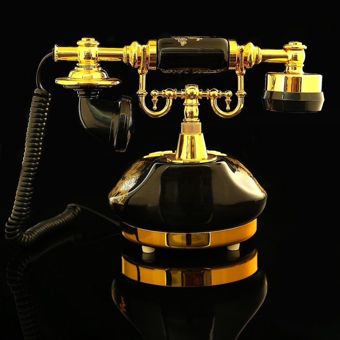 Ретро телефон, круглый, чёрный с золотистыми рисунками, керамика, пластик, 16х26х22 см